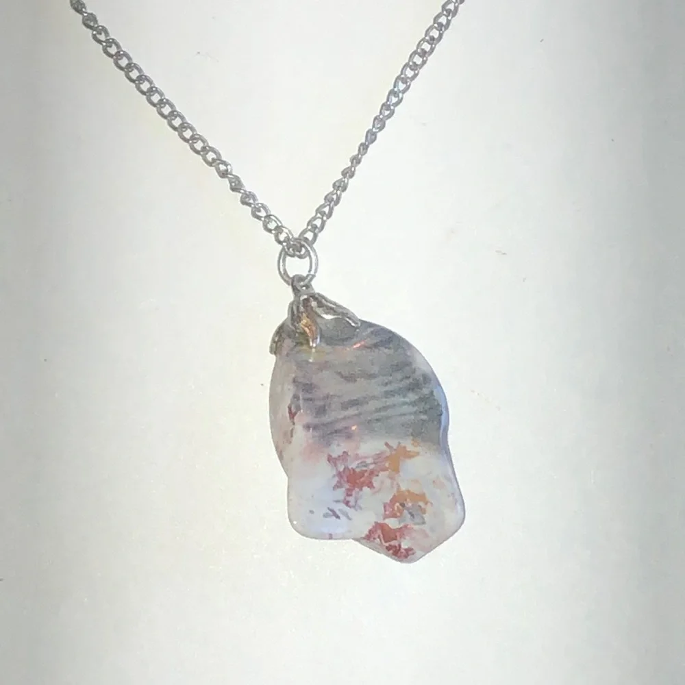 Silver Tone Chain Necklace with Irregular White and Peach Stone Pendant - Picture 3 of 6